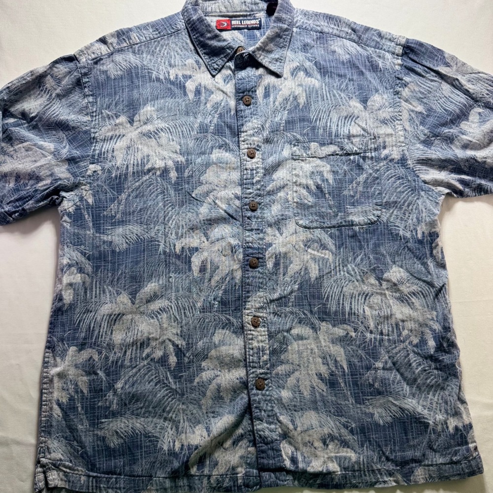Reel Legends Shirt Mens XL Blue Palm Tree Tropical Cotton Rayon Button Up Casual